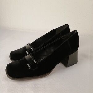 Vtg Roberto‎ Rinaldi Black Suede Patent Leather Buckle Block Heel Pumps Size 5